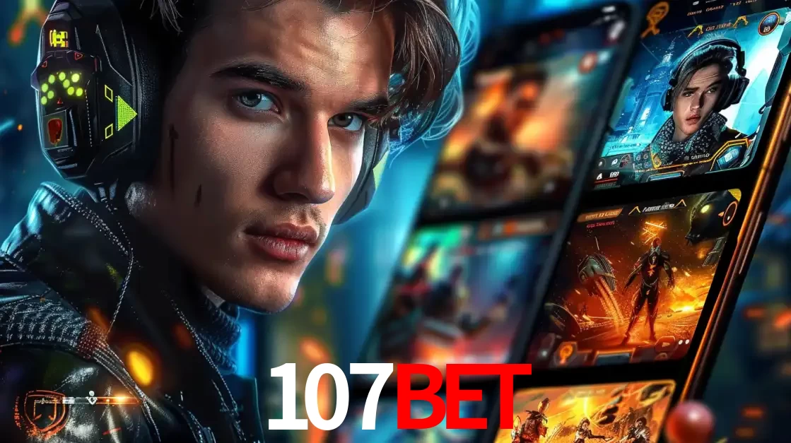 Jovem jogador com fones de ouvido olhando para a câmera, com um aplicativo de jogos e e-sports para celular ao fundo, pronto para a competição e apostas no 107bet.