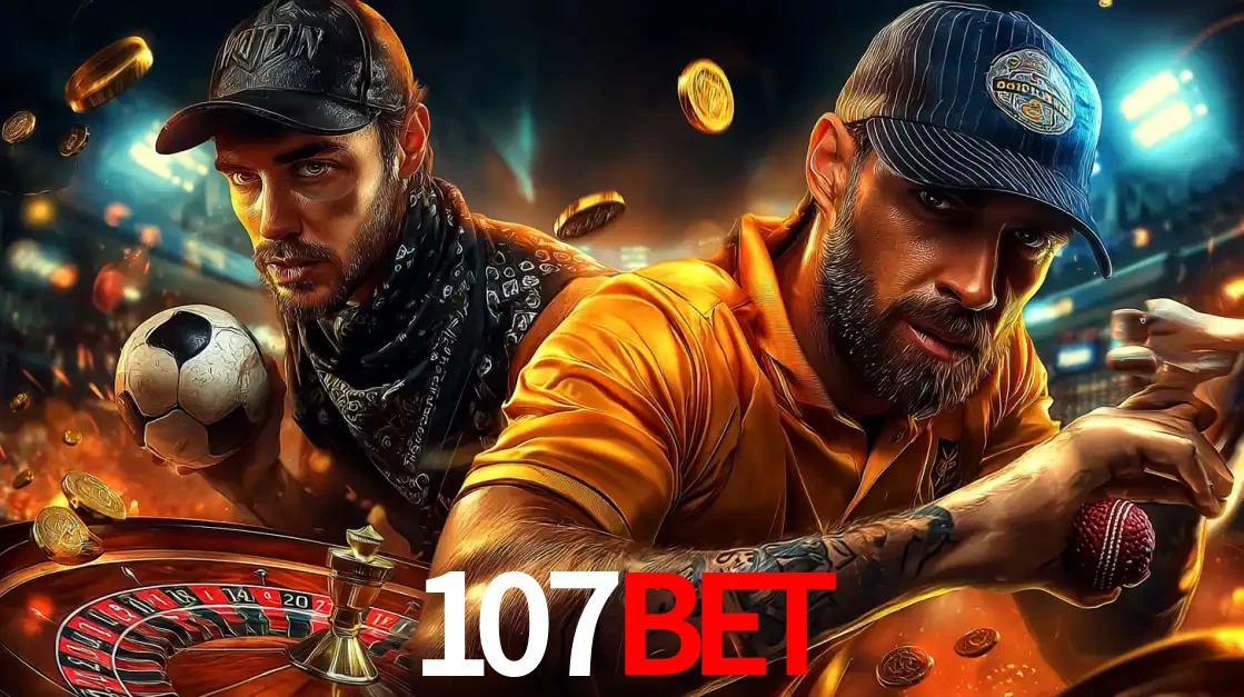 Montagem de apostas esportivas e cassino no 107bet, com um homem segurando uma bola de futebol e outro uma de beisebol sobre uma roleta e moedas voadoras.