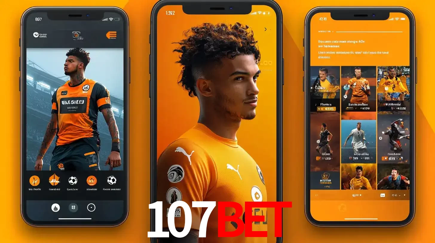 Interface do aplicativo de apostas esportivas 107bet em três telas de celular, mostrando o perfil de um jogador de futebol e a lista de jogos disponíveis para apostar.