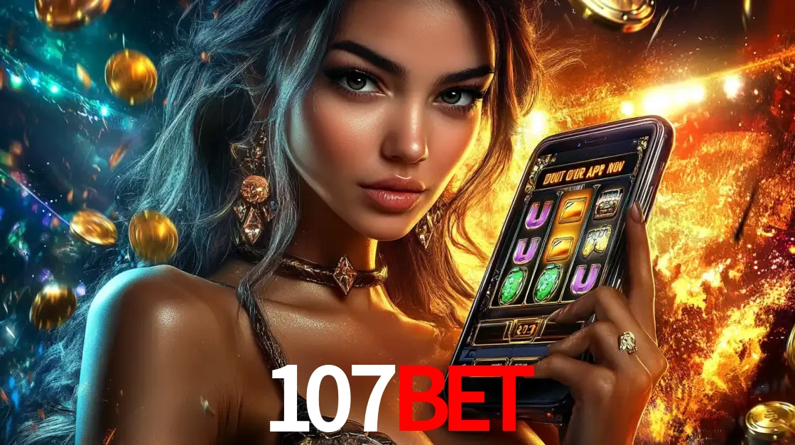 Mulher elegante mostrando um jogo de caça-níqueis em seu smartphone, destacando a experiência de cassino móvel oferecida pelo aplicativo 107bet.